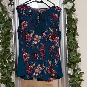 Daniel Rainn Teal Floral Sleeveless Blouse w/Lace